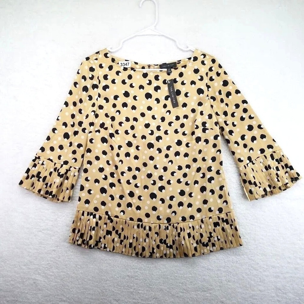 The Limited Shirt Womens‎ XS Tan Polka Dot Pleated Hem Bell Sleeve Blouse